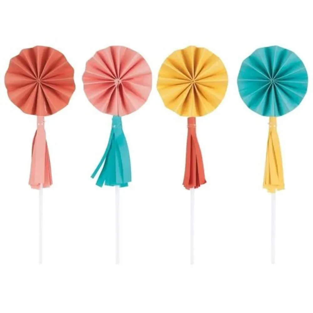3 packs, Feelin' Retro Birthday Paper Fan Cake Toppers with Tassels